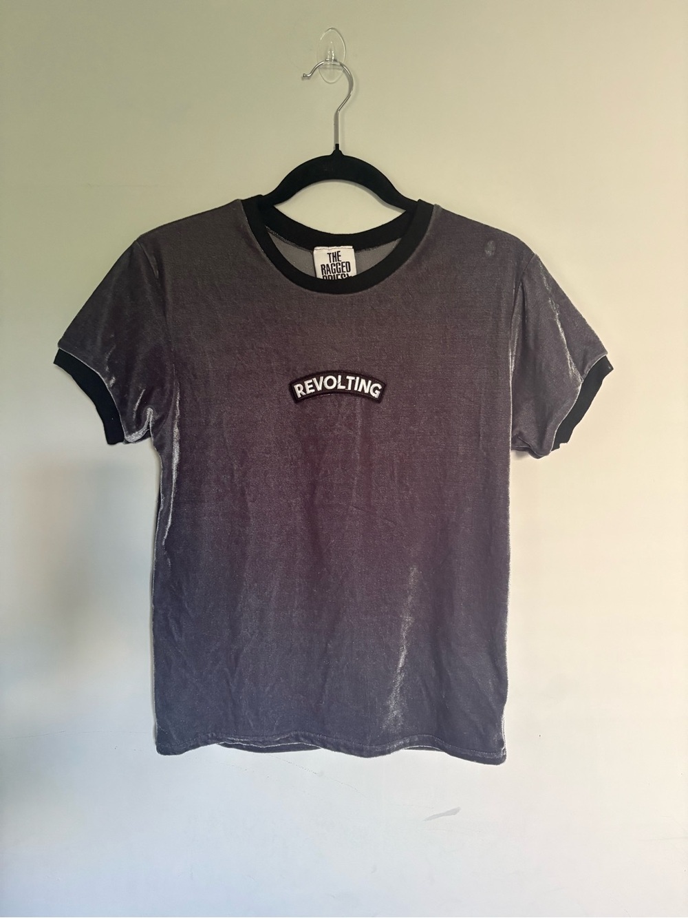 The Ragged Priest Y2K Grunge "Revolting" Velvet Ringer Graphic Tee Gray | Large
